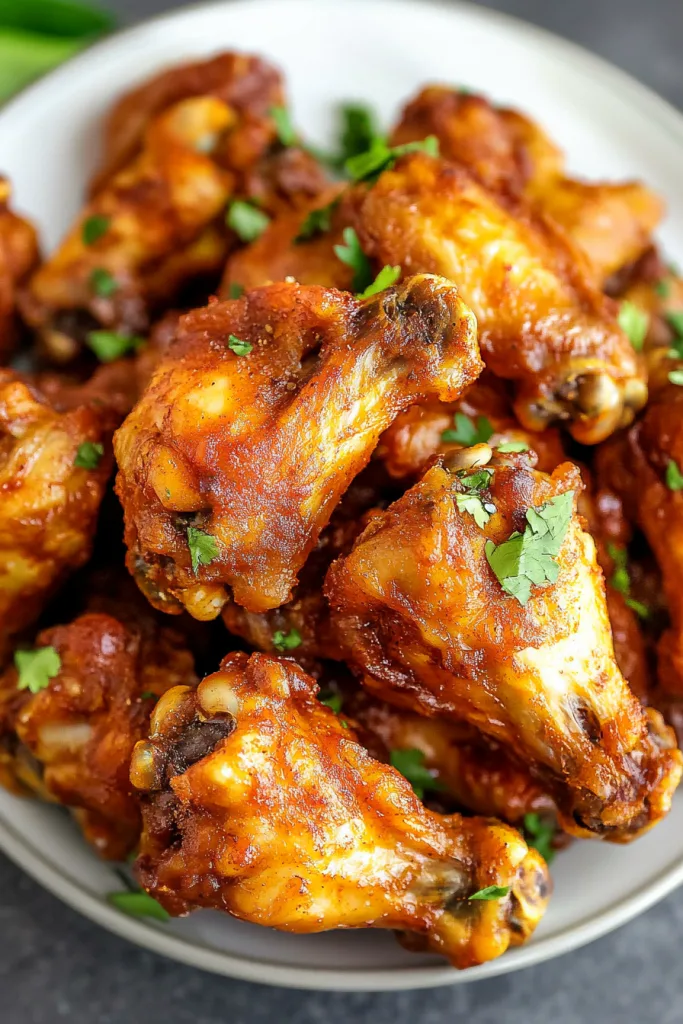 Savory wings arranged neatly on a white plate, garnished with chopped parsley.