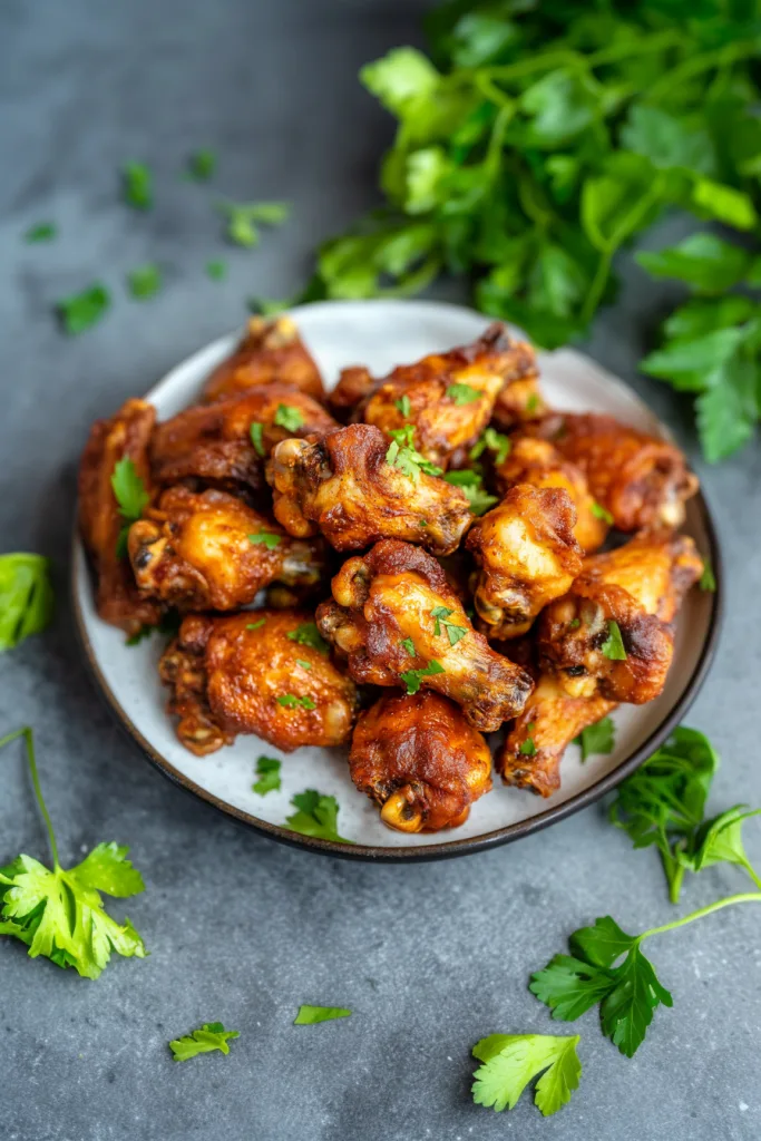 A plate of crispy chicken wings coated in a spicy reddish glaze, sprinkled with fresh herbs.
