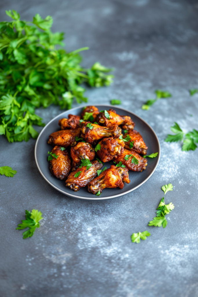 Stacked chicken wings served hot, with a rich, smoky sauce and vibrant color.