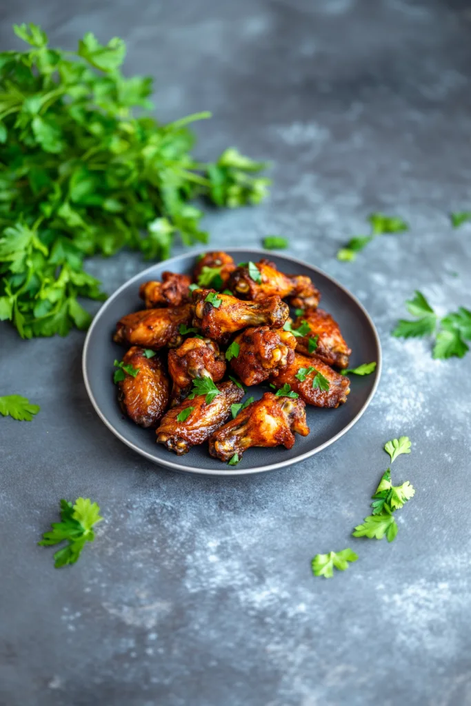 Stacked chicken wings served hot, with a rich, smoky sauce and vibrant color.