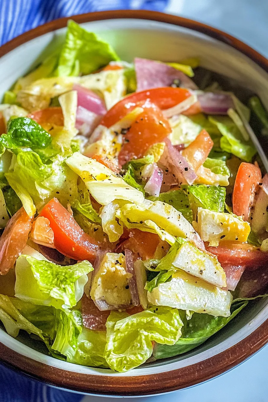 Hearty salad featuring ham, cheese, and tomatoes, styled for serving.