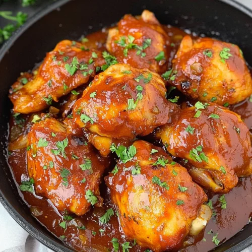 Final shot of savory chicken with rich sauce and rustic presentation.
