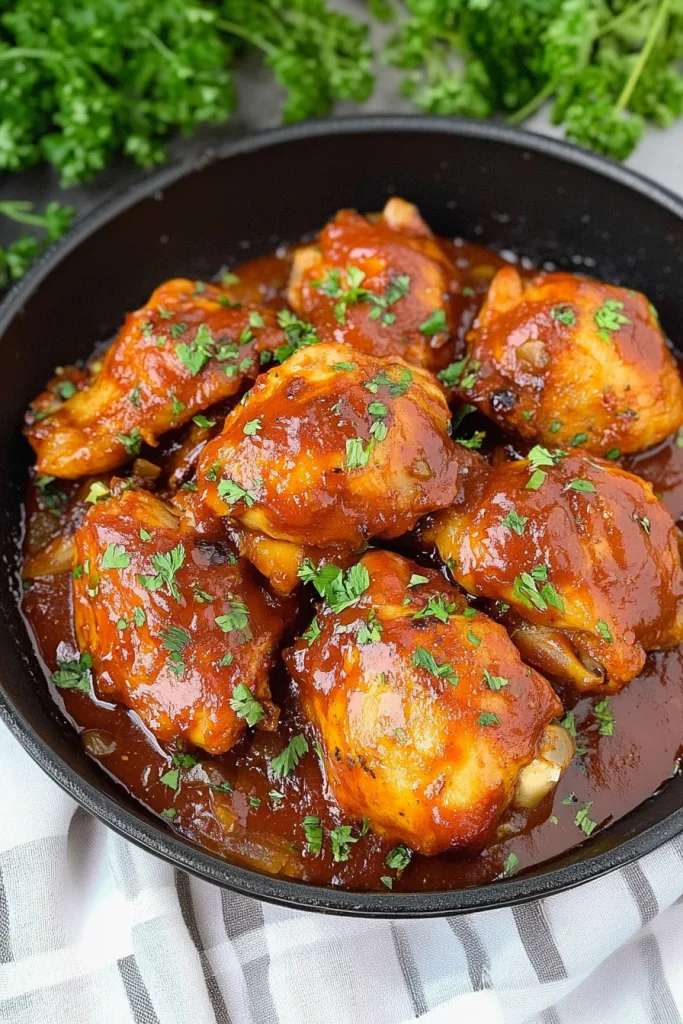 Final shot of savory chicken with rich sauce and rustic presentation.