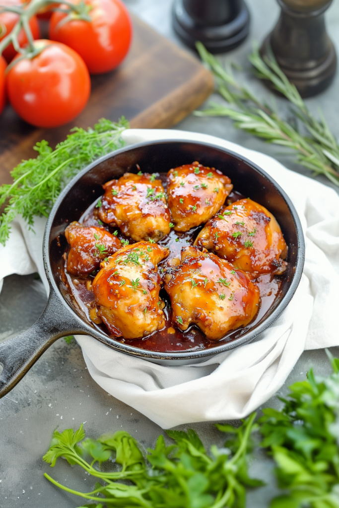 Overhead view of roasted chicken in a skillet, surrounded by rosemary sprigs.