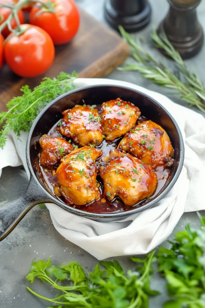 Overhead view of roasted chicken in a skillet, surrounded by rosemary sprigs.