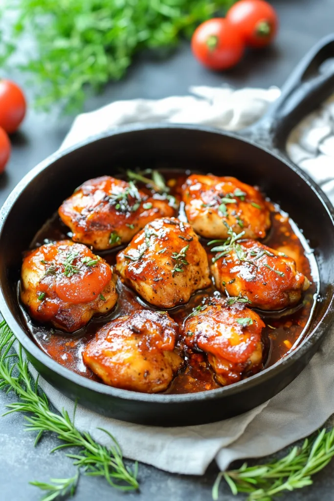 Cast iron skillet with glazed chicken pieces, garnished with fresh herbs.