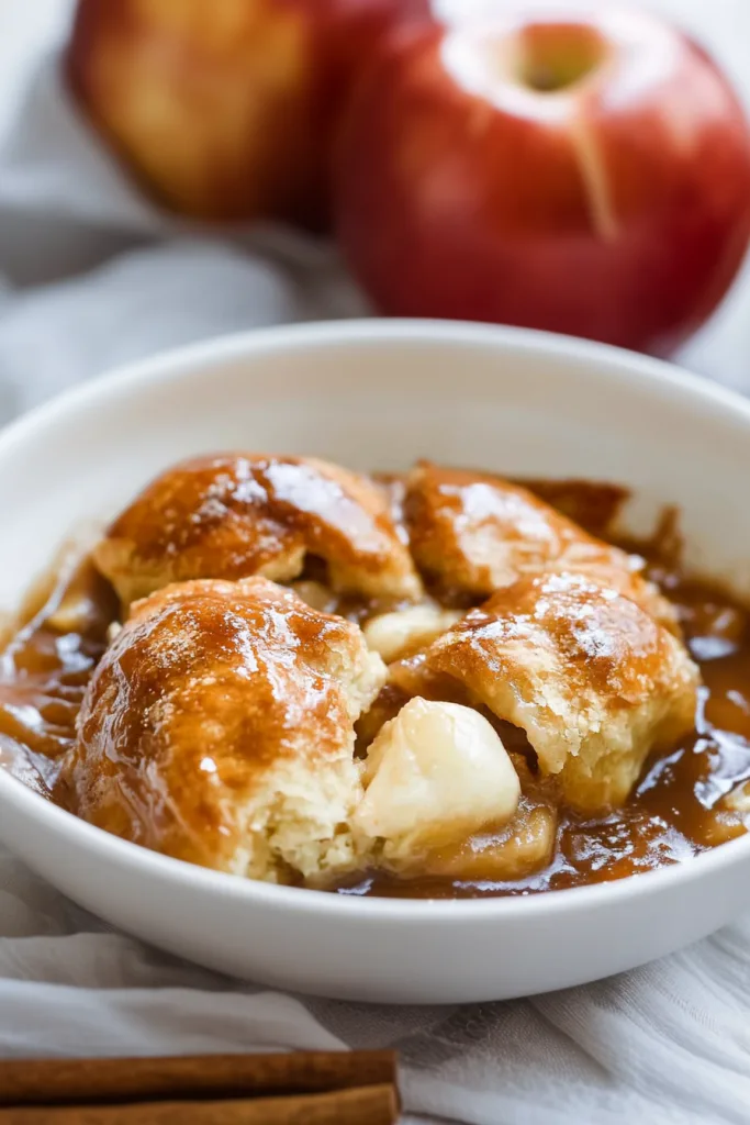 Warm dessert styled with whole apples in the background for a rustic touch.