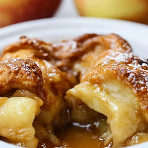 Golden-brown apple dumpling served in a white dish with caramel sauce pooling at the bottom.
