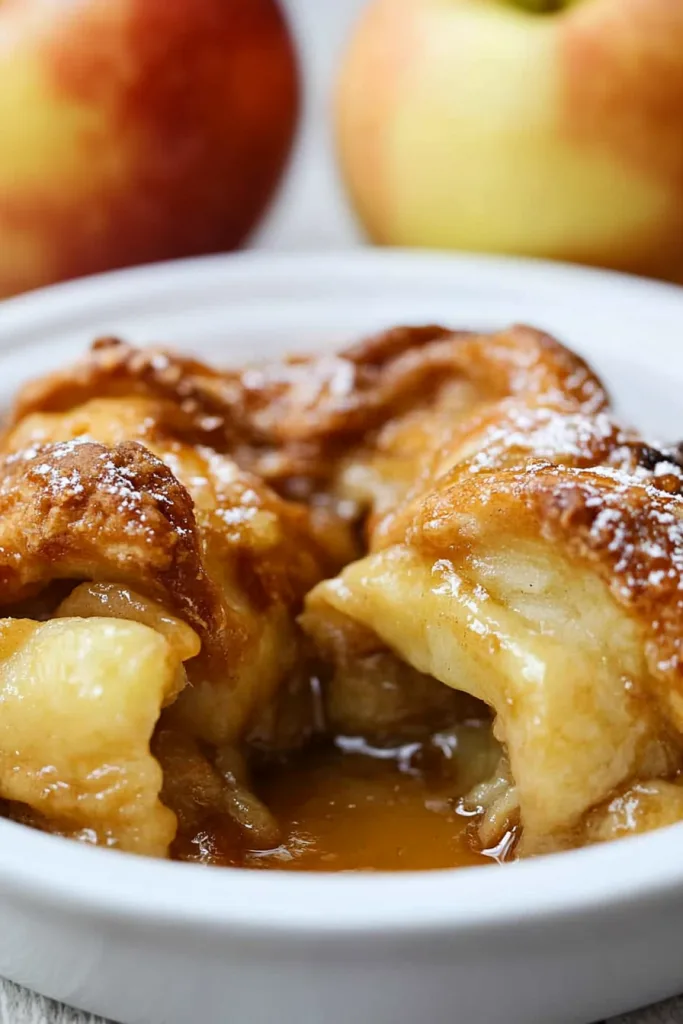 Golden-brown apple dumpling served in a white dish with caramel sauce pooling at the bottom.