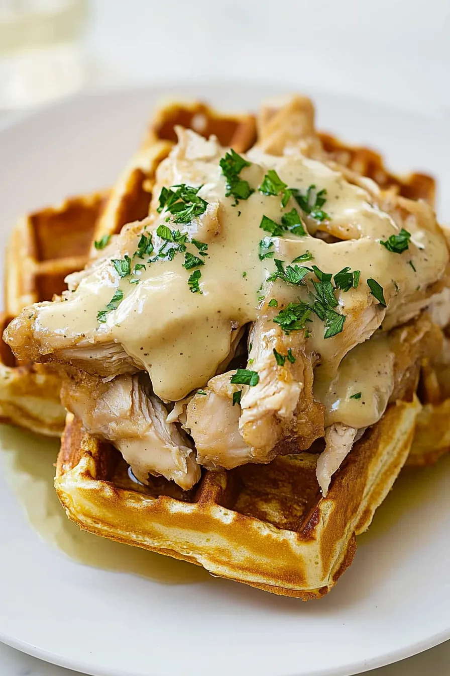 Golden waffles topped with tender chicken and creamy gravy, garnished with fresh herbs.