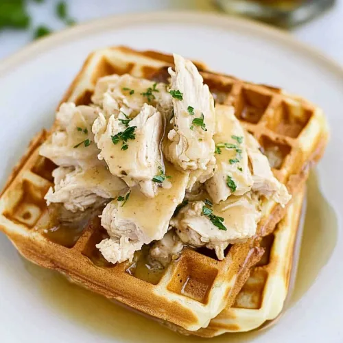 Warm, hearty dish highlighting the contrast of crunchy waffles and tender chicken.