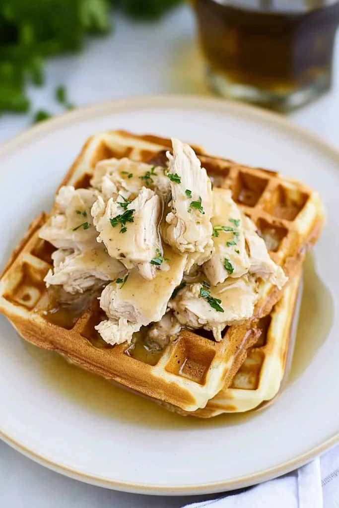 Warm, hearty dish highlighting the contrast of crunchy waffles and tender chicken.