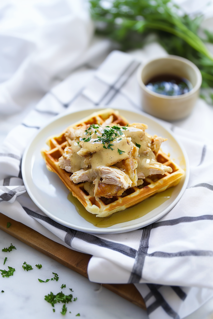 Savory chicken and waffles served on a white plate, styled for a rustic presentation.