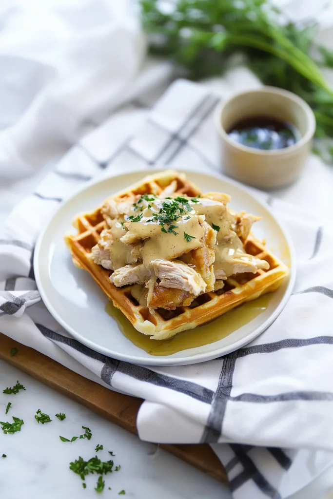 Savory chicken and waffles served on a white plate, styled for a rustic presentation.