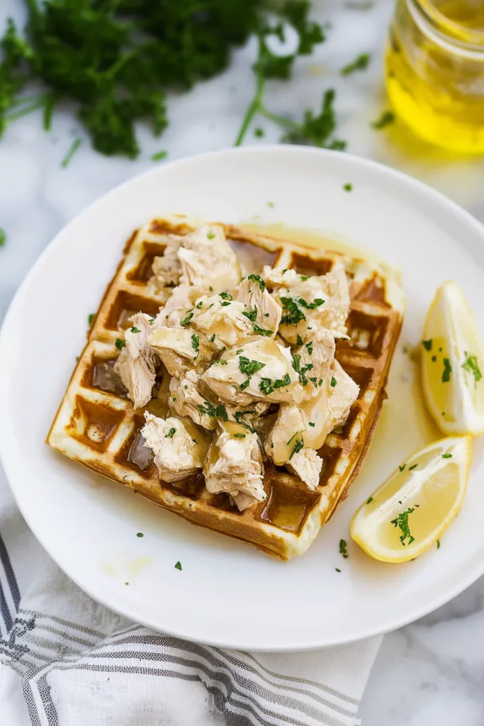 Plated comfort food showing chicken and waffles with smooth gravy and parsley garnish.