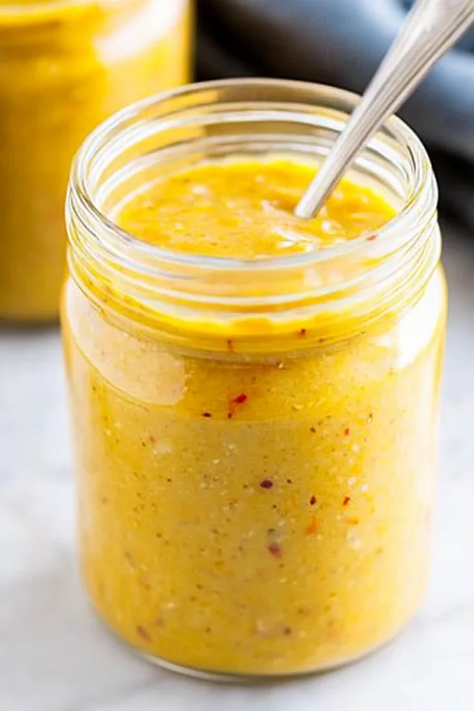 Glass jar filled with creamy yellow mustard speckled with spices, spoon resting inside.