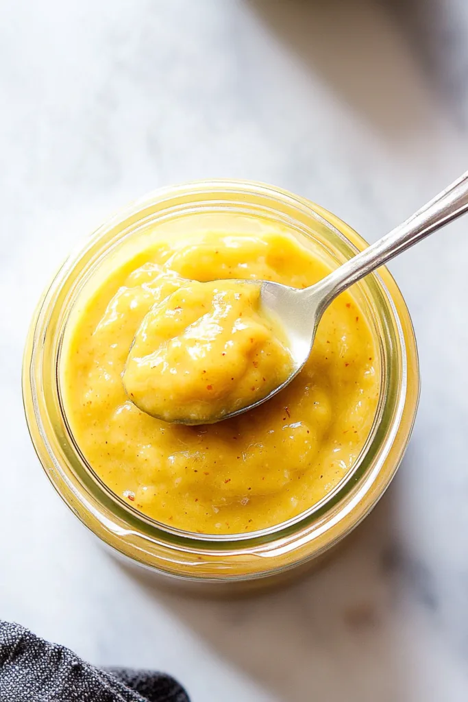 Close-up of homemade mustard showing smooth texture and vibrant color.