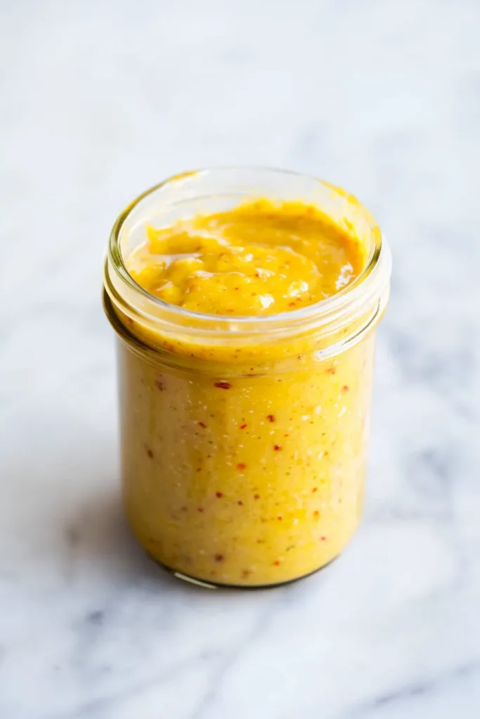Glass jar of thick yellow mustard with red and black specks throughout.