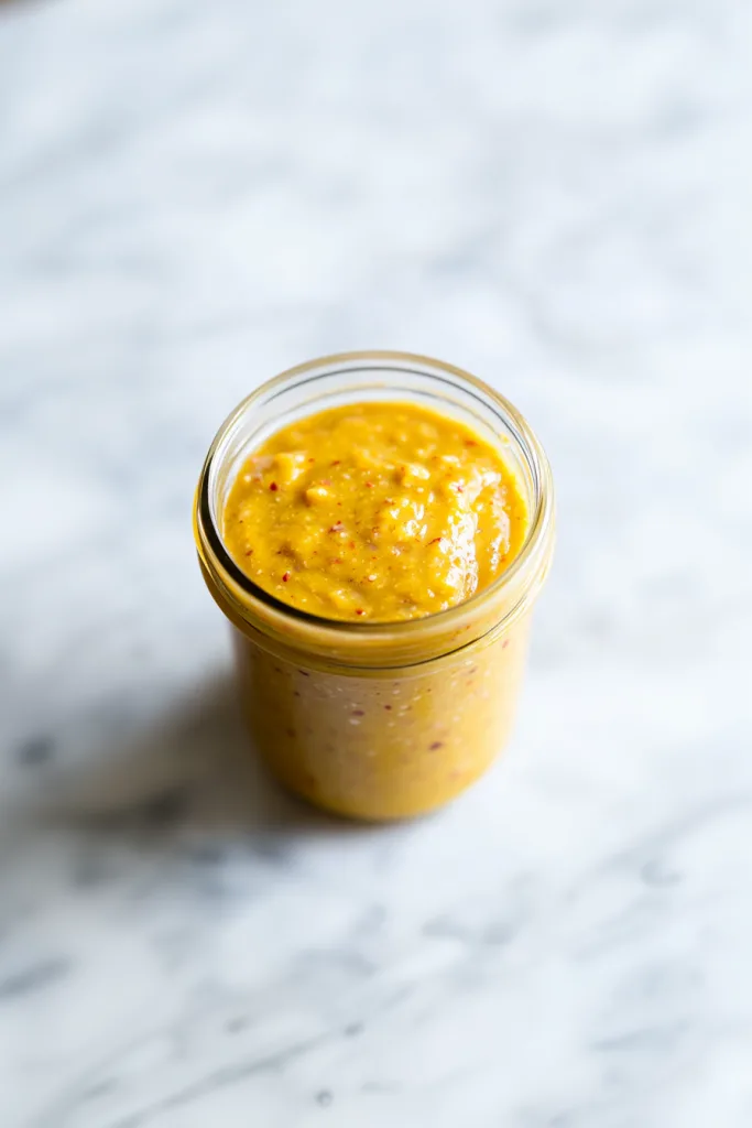Golden mustard with visible seasoning, captured in natural light for freshness