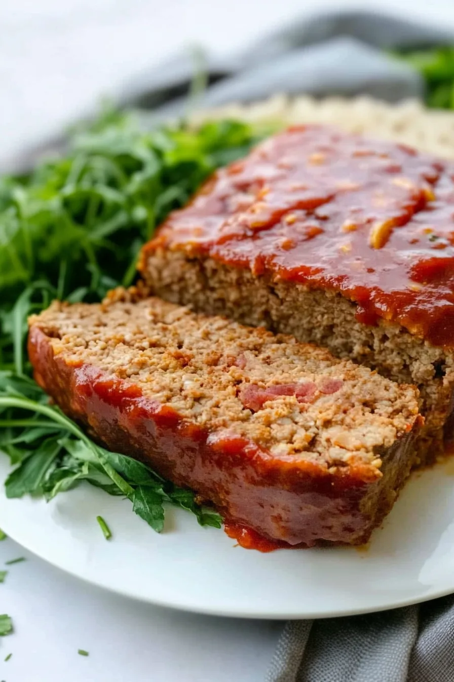 Juicy meatloaf served on a white plate, emphasizing texture and color.