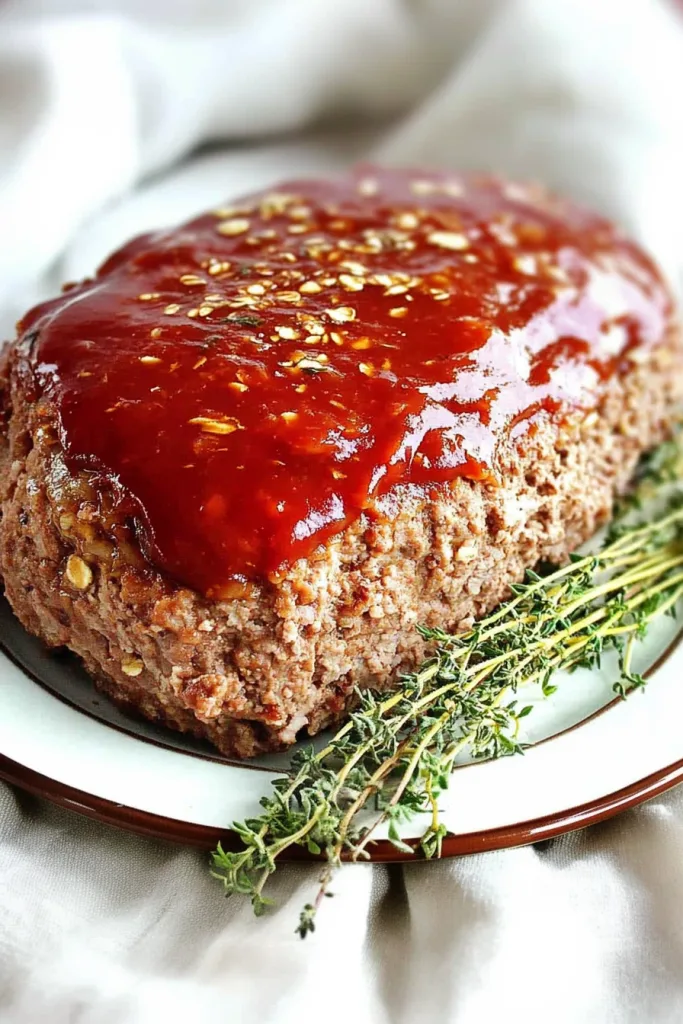 Classic comfort food plated with a shiny tomato-based glaze.