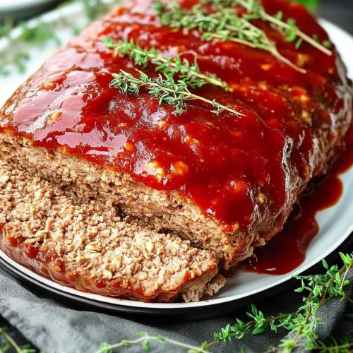 Freshly sliced meatloaf topped with glossy red glaze and thyme sprigs.