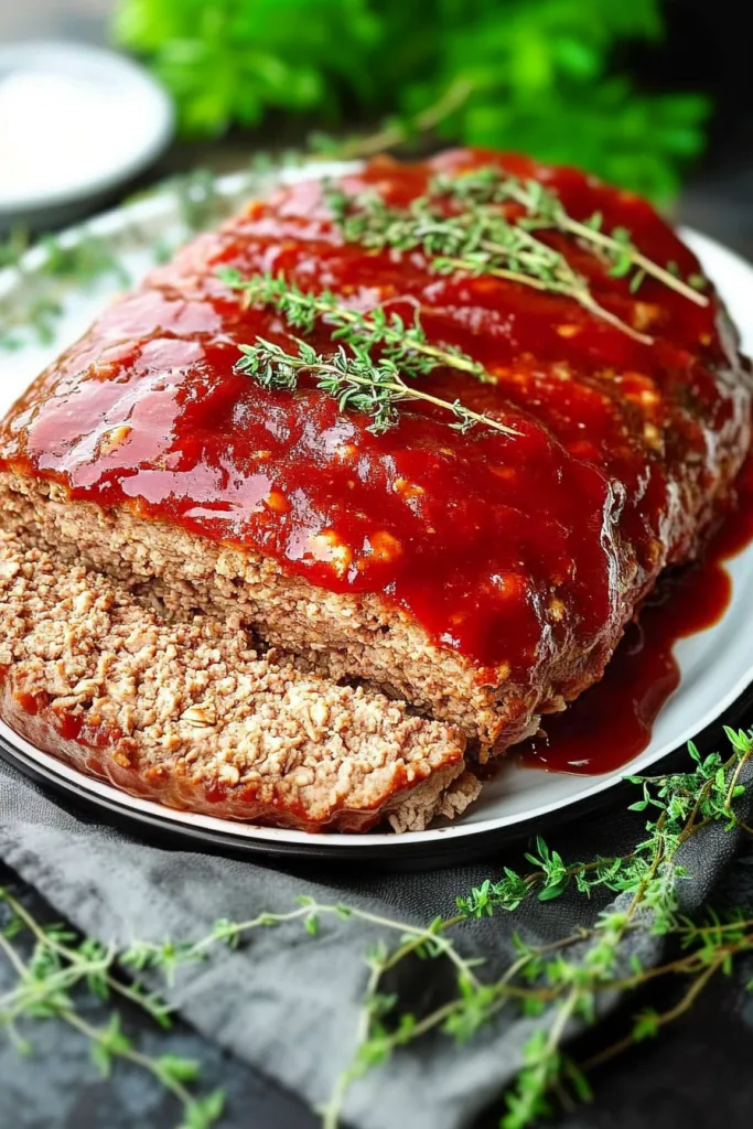 Freshly sliced meatloaf topped with glossy red glaze and thyme sprigs.