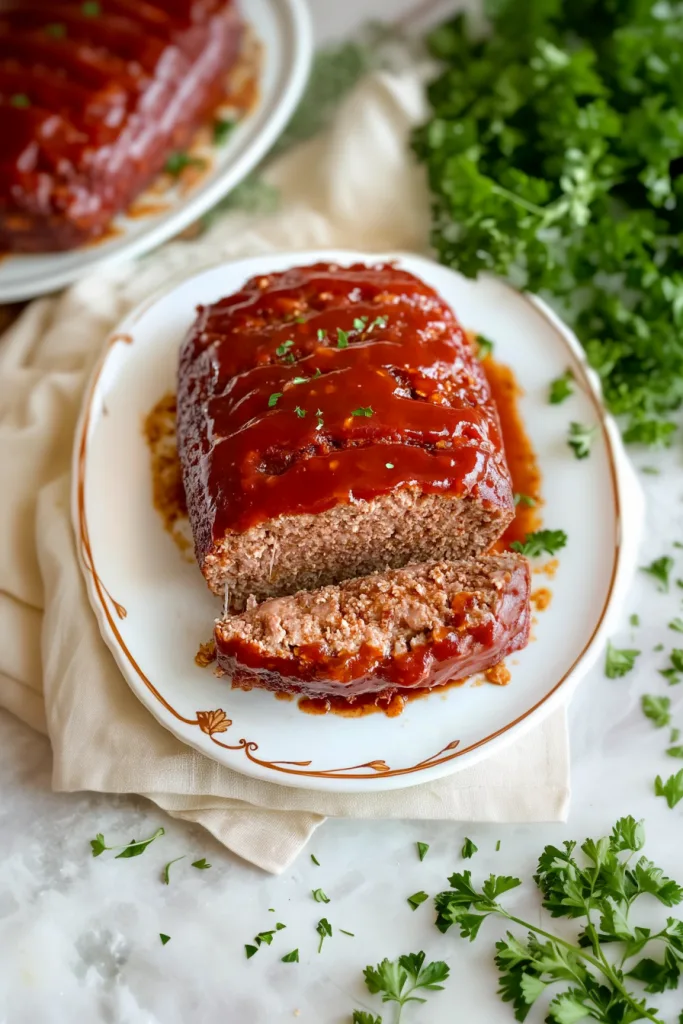 Golden-brown meatloaf styled with fresh herbs for garnish.