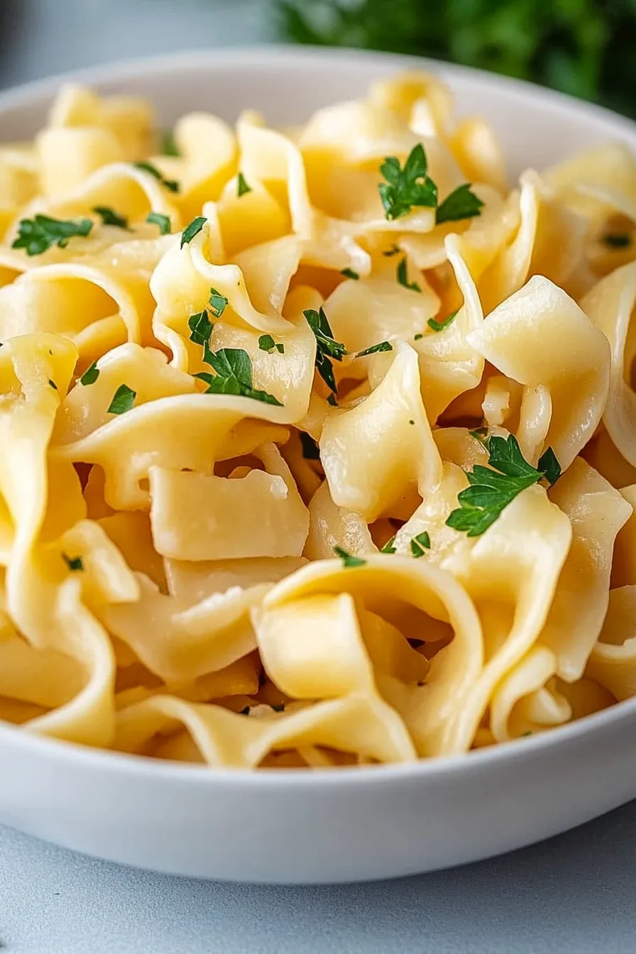 Freshly cooked noodles with a light garnish, photographed in natural light