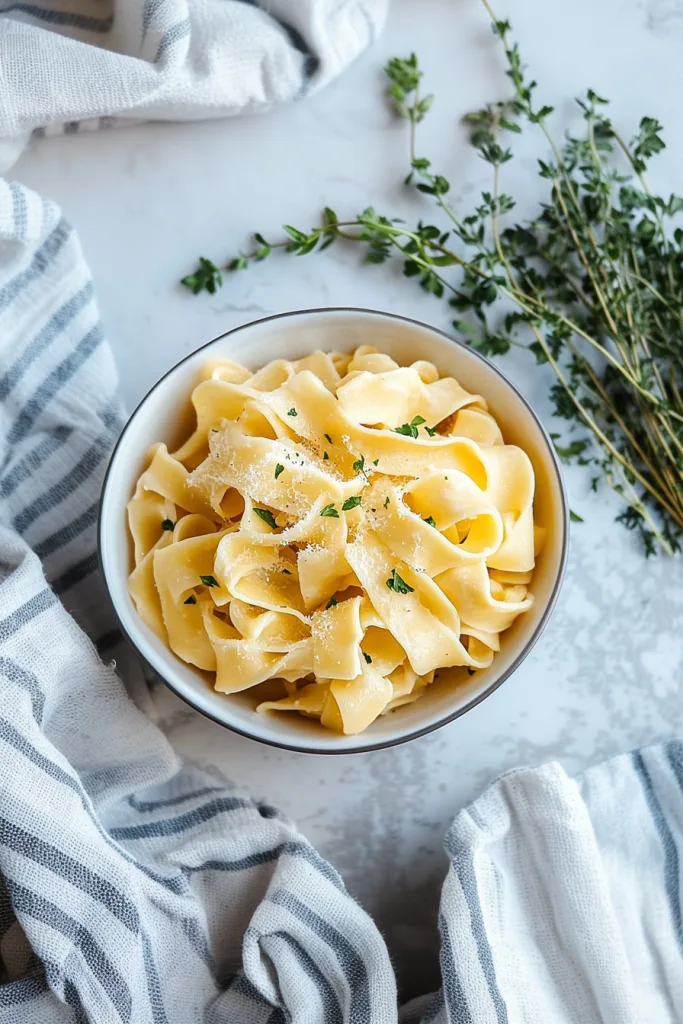 Simple homemade pasta served in a white bowl on a rustic cloth.