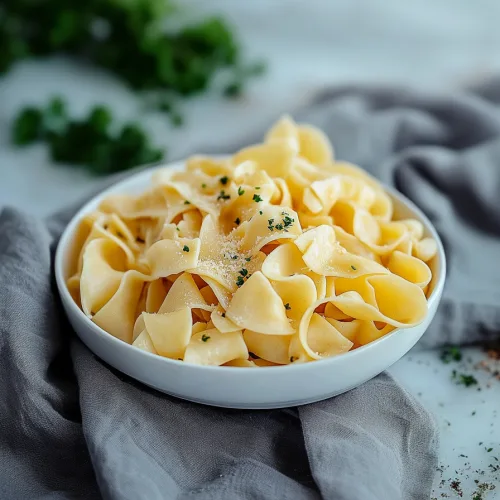 A warm bowl of buttered egg noodles topped with fresh herbs.
