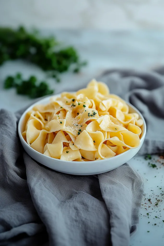 A warm bowl of buttered egg noodles topped with fresh herbs.