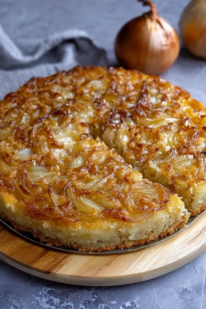 Round upside-down cake topped with glossy caramelized onions on a wooden board.