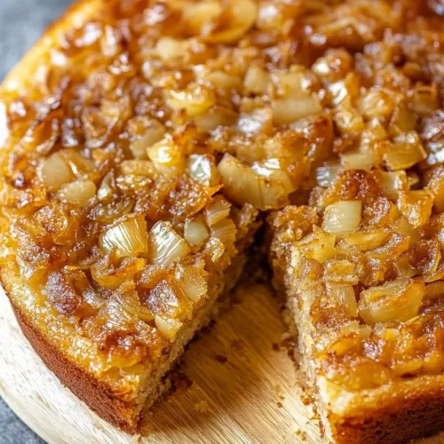 Golden-brown savory cake with a slice removed, showing its moist interior.