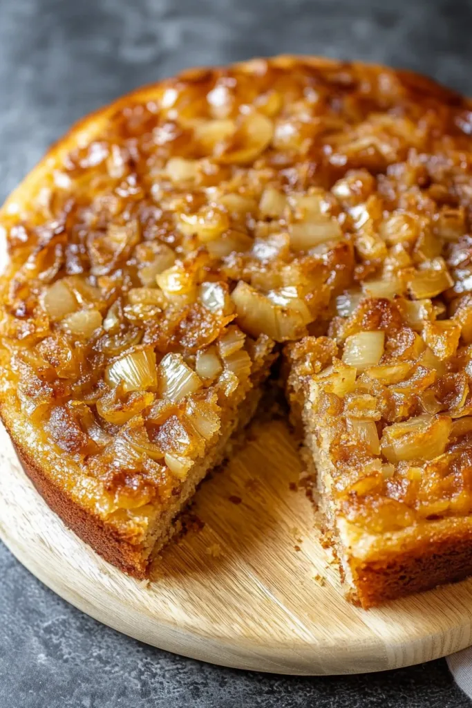Golden-brown savory cake with a slice removed, showing its moist interior.