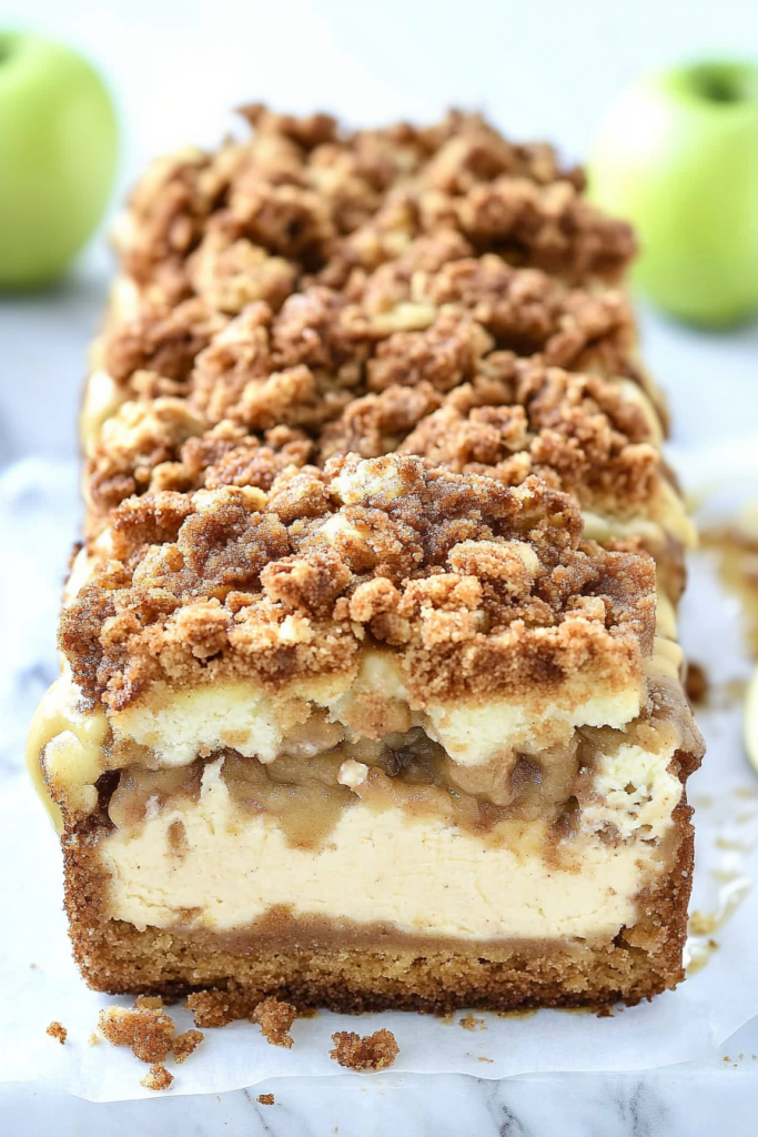 Close-up of moist bread showing creamy cheesecake layer inside.