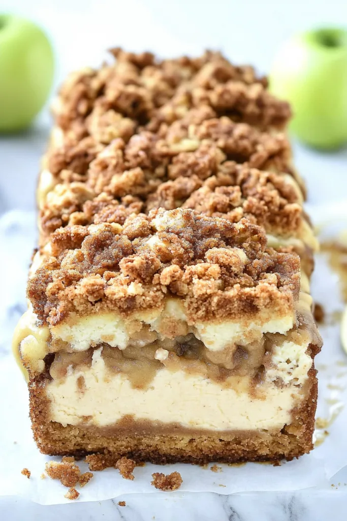 Close-up of moist bread showing creamy cheesecake layer inside.