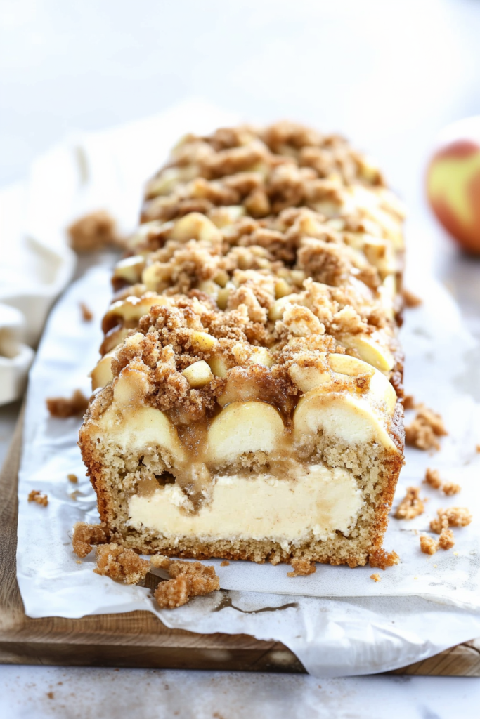 Loaf of apple bread topped with crumbly streusel and apple chunks.