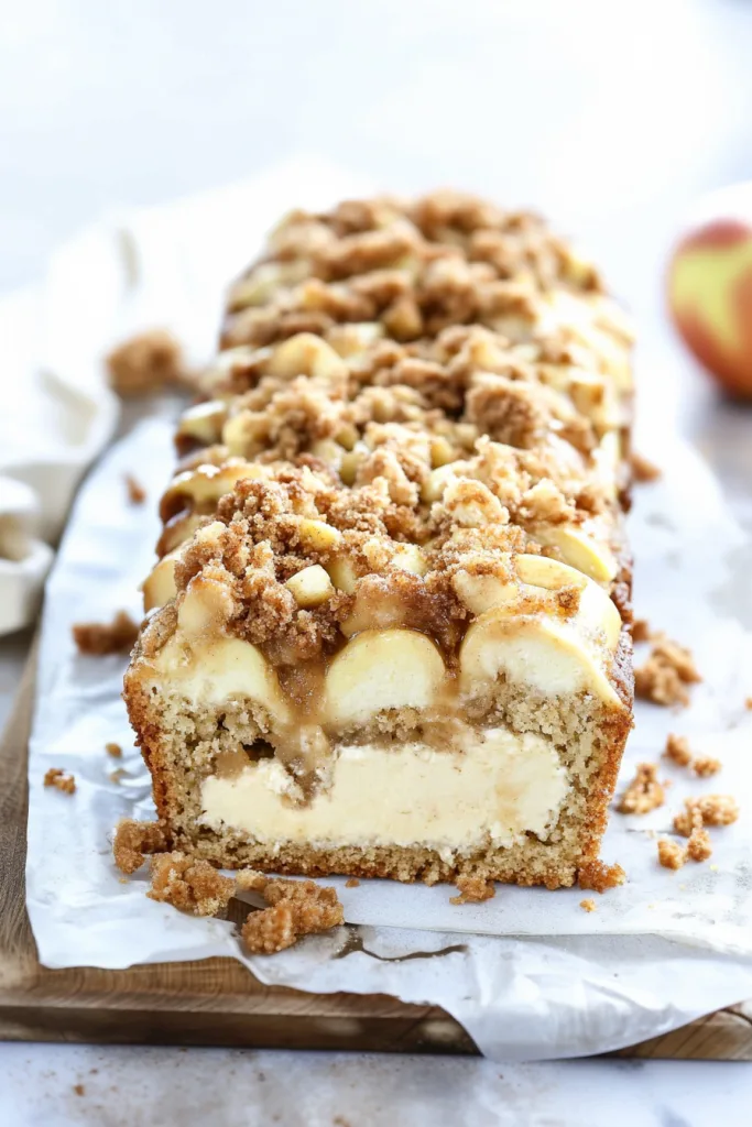 Loaf of apple bread topped with crumbly streusel and apple chunks.