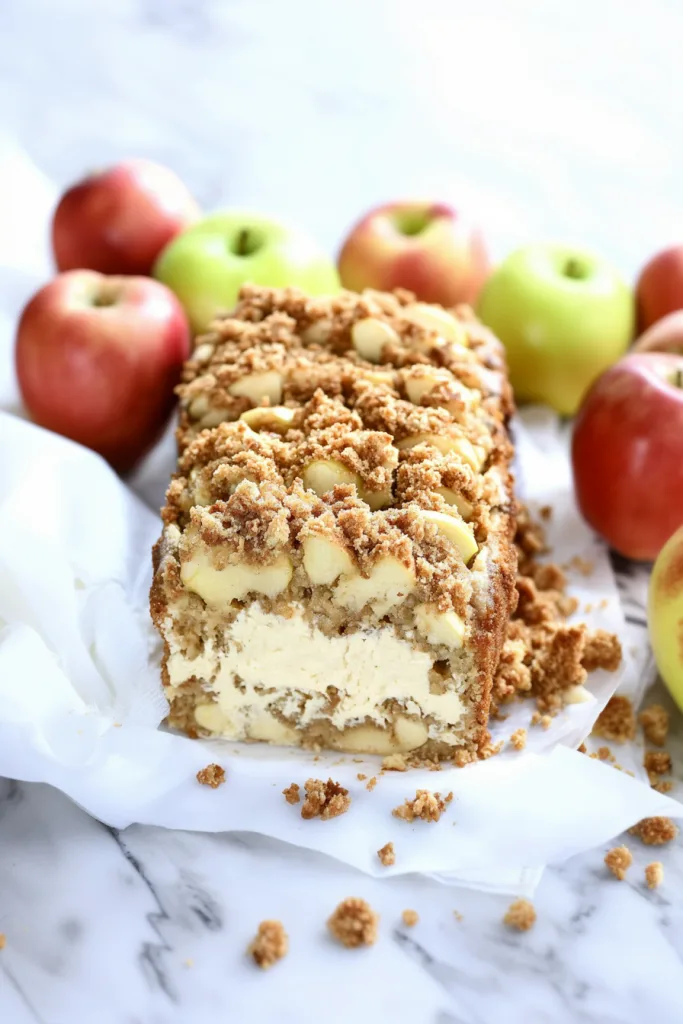 Apple bread resting on parchment paper with fresh apples nearby.