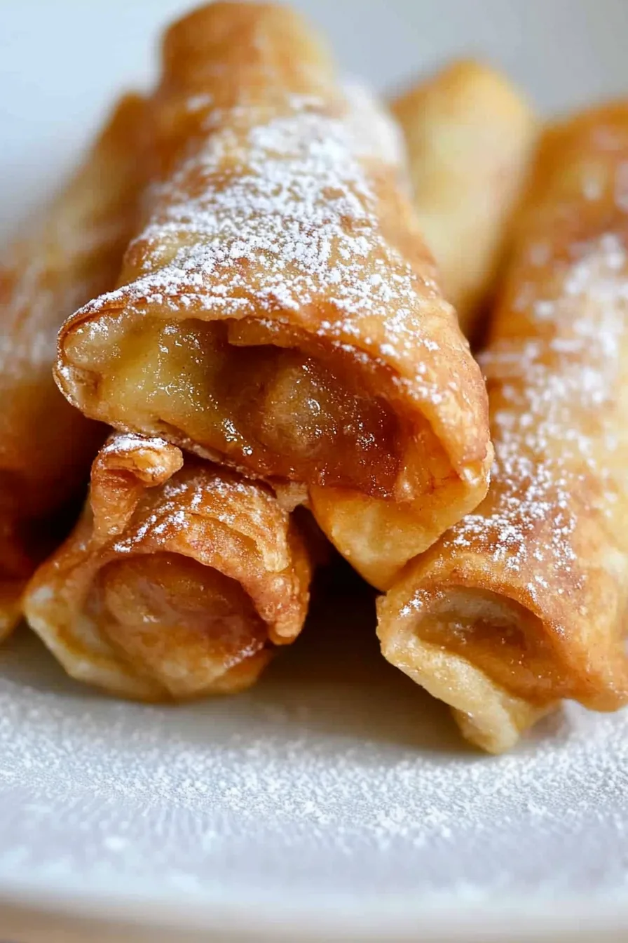 Final presentation of sugared dessert rolls stacked on a plate, highlighting their crisp layers.