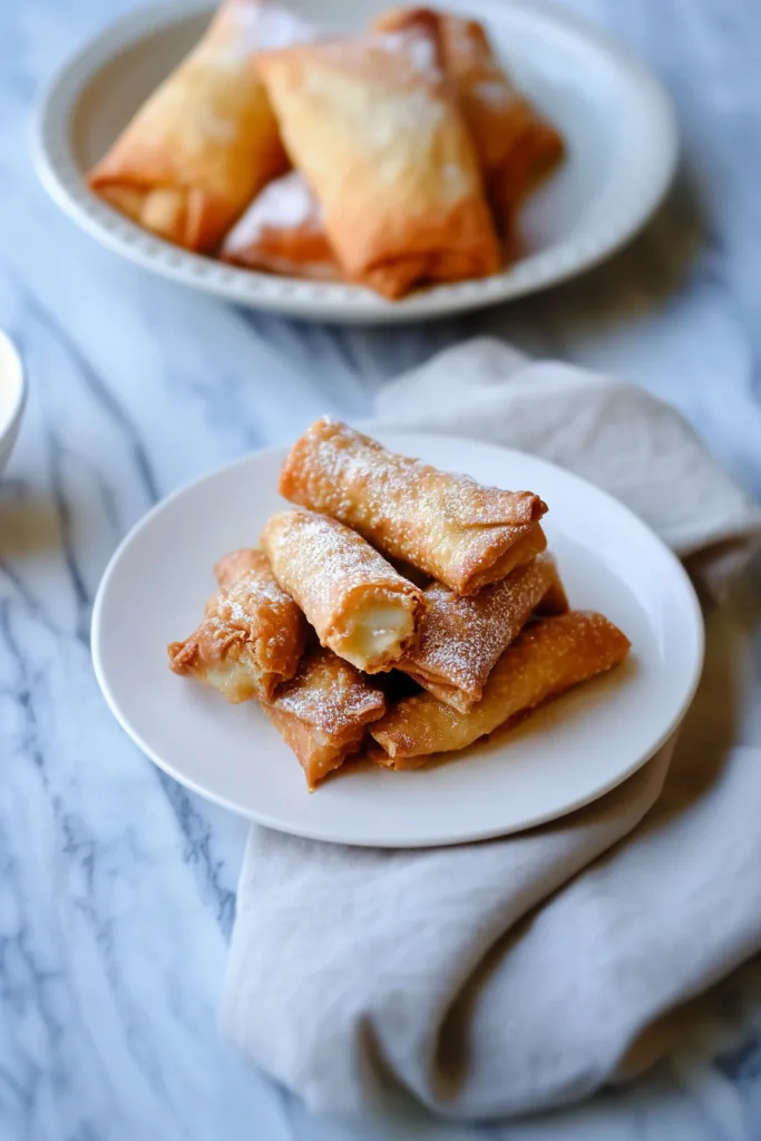 Plate of fried pastry rolls topped with sugar, arranged neatly for serving.