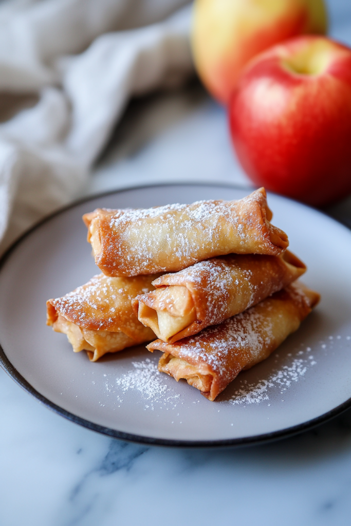 Stacked golden-brown pastry rolls dusted with powdered sugar, styled with fresh apples in the background.