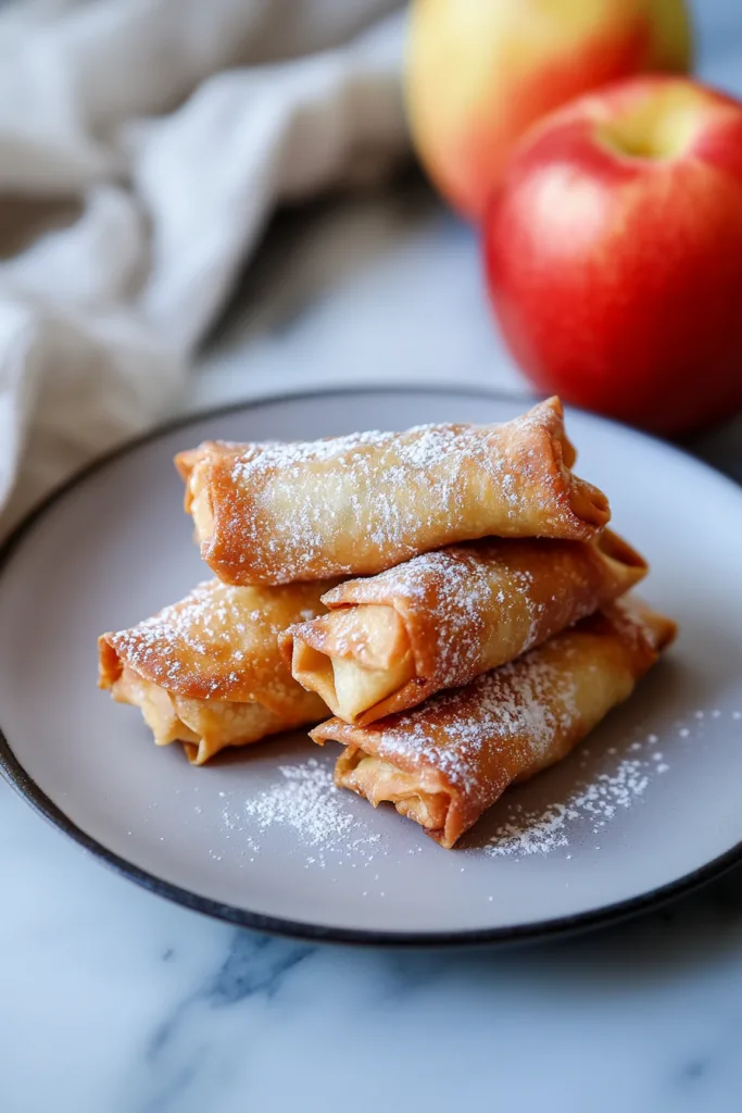 Stacked golden-brown pastry rolls dusted with powdered sugar, styled with fresh apples in the background.