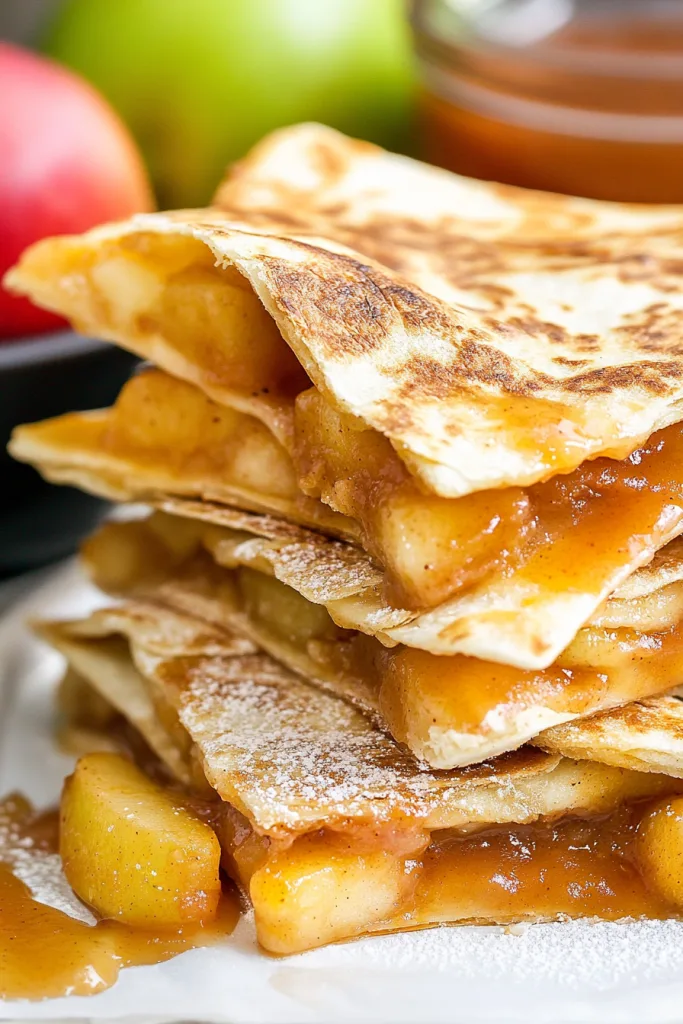 Sweet apple-filled quesadillas served with fresh apples nearby.
