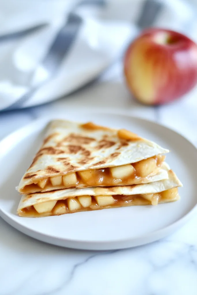 Crispy tortillas stuffed with diced apples and sauce.