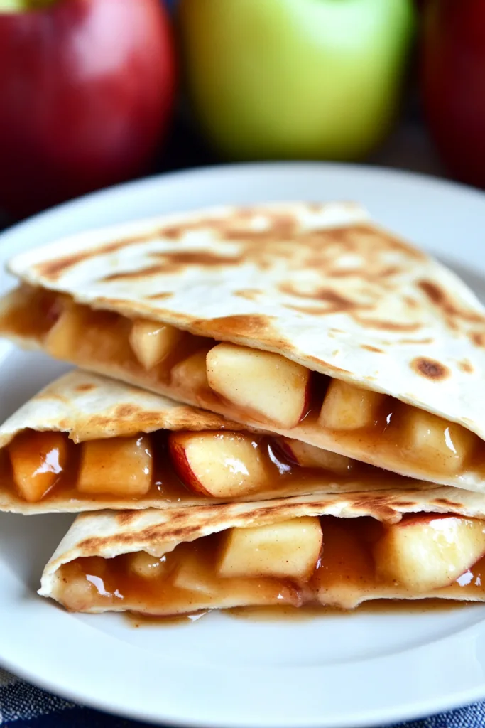 Plate of dessert quesadillas with glossy apple-cinnamon filling.