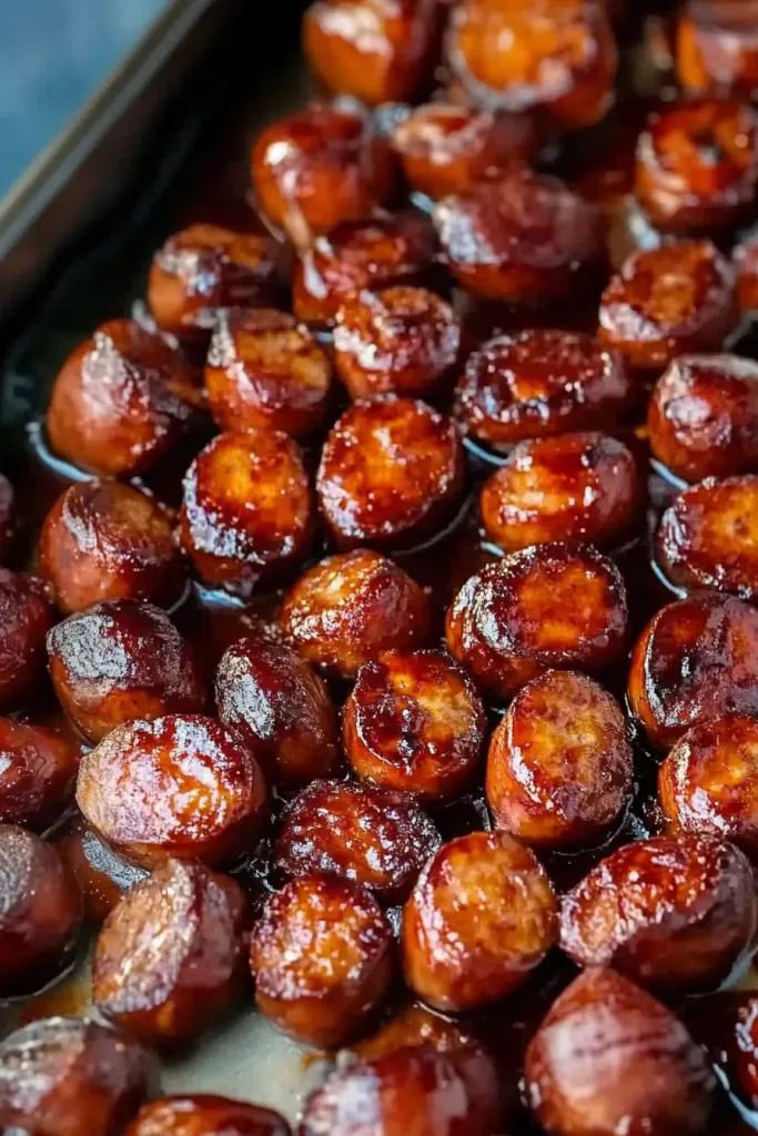 Baked sausages arranged neatly on a pan with shiny glaze