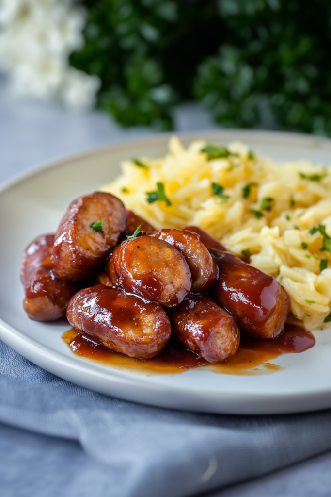 Serving of browned sausages with herbs and pasta on a table setting