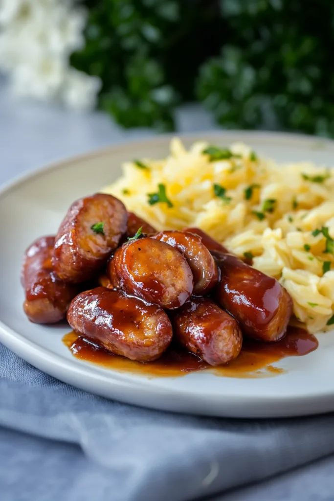 Serving of browned sausages with herbs and pasta on a table setting